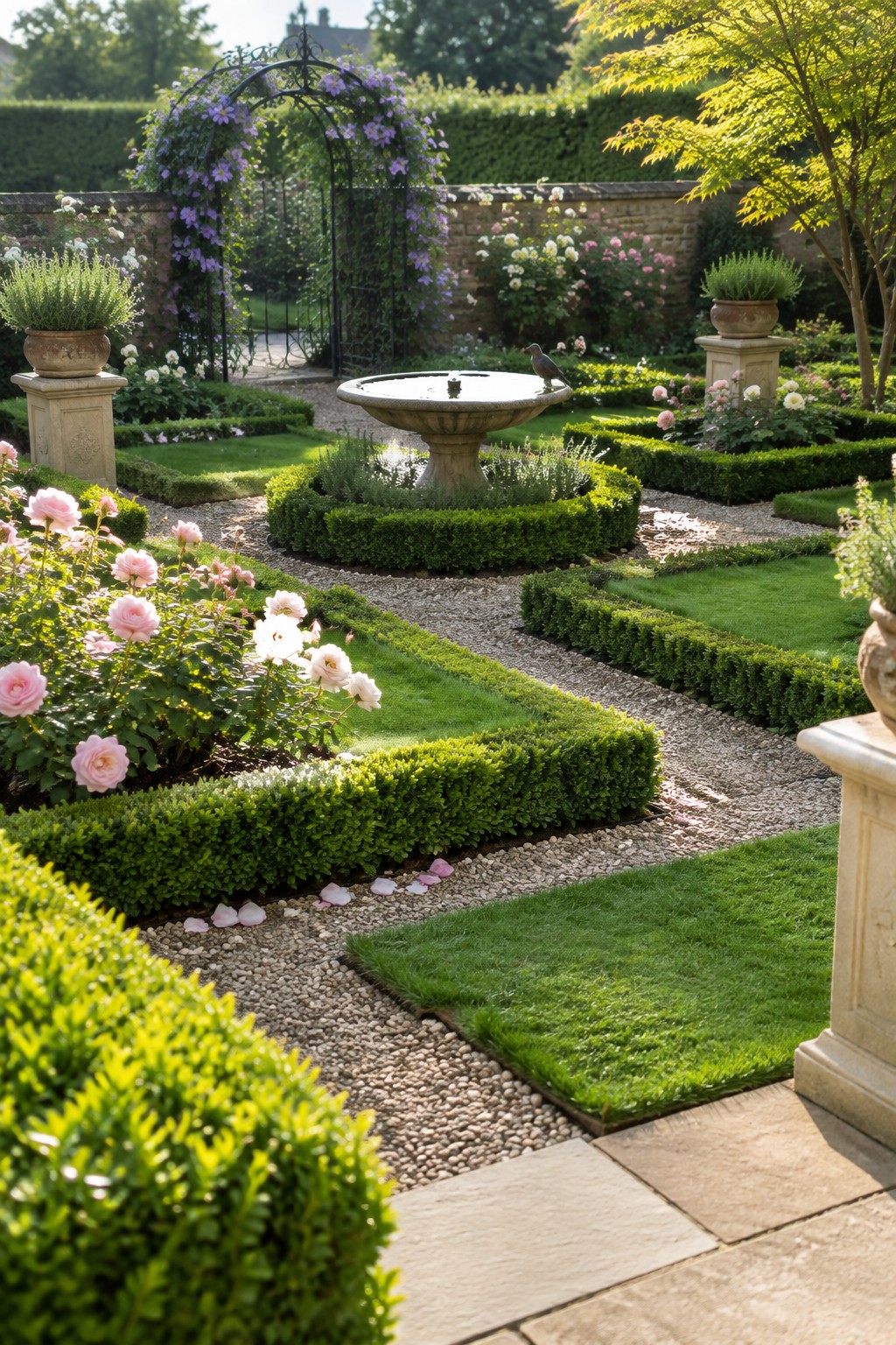 A formal backyard garden with gravel paths, low box hedges, rose bushes, a central stone fountain, and an arched metal trellis with purple flowers.