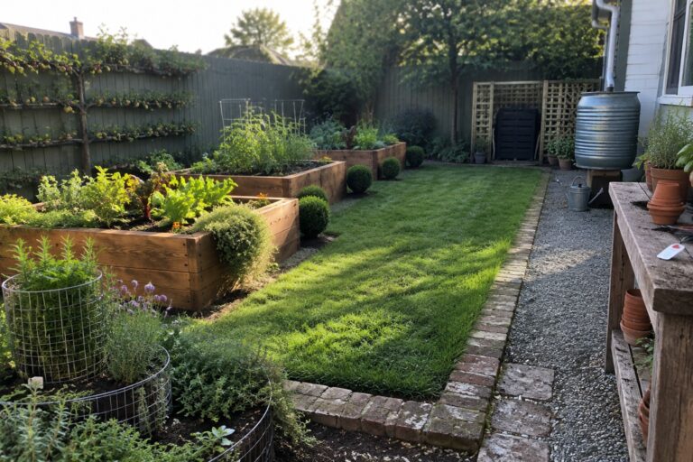 19 Functional Backyard Landscaping Ideas With Dedicated Garden Areas Backyard view showing multiple wooden raised garden beds with vegetables, a gravel path with brick edging, and a lawn area.