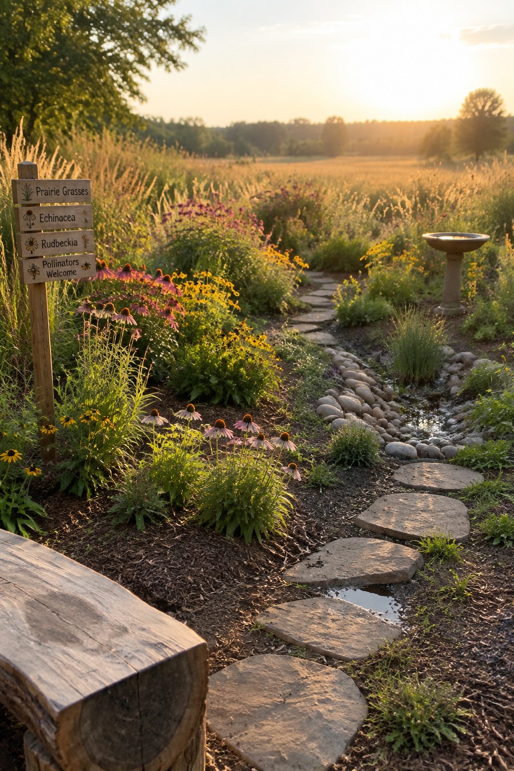 A winding stone path runs through a backyard garden with wooden signs labeling dedicated areas for prairie grasses, echinacea, rudbeckia, and pollinators.
