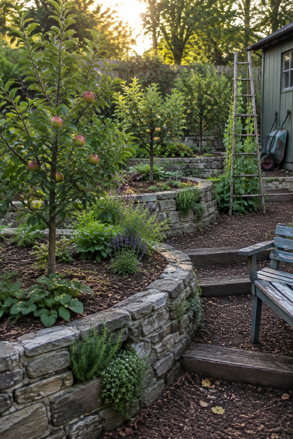 Garden with apple trees, stone walls, wooden ladder, steps and blue bench.