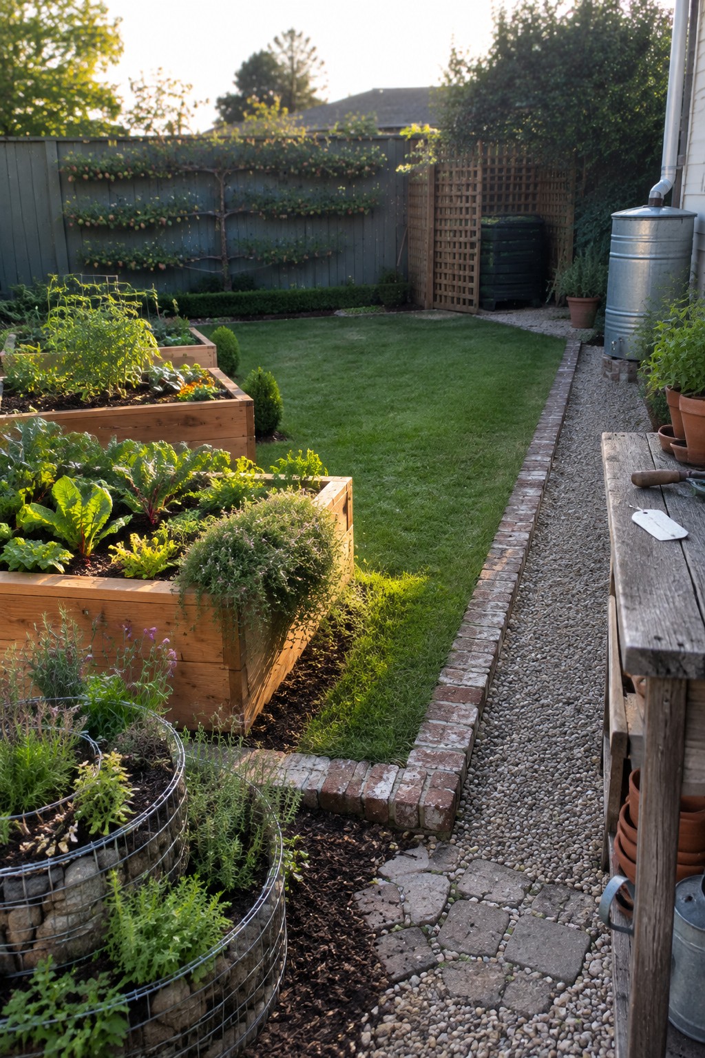 Backyard view showing multiple wooden raised garden beds with vegetables, a gravel path with brick edging, and a lawn area.