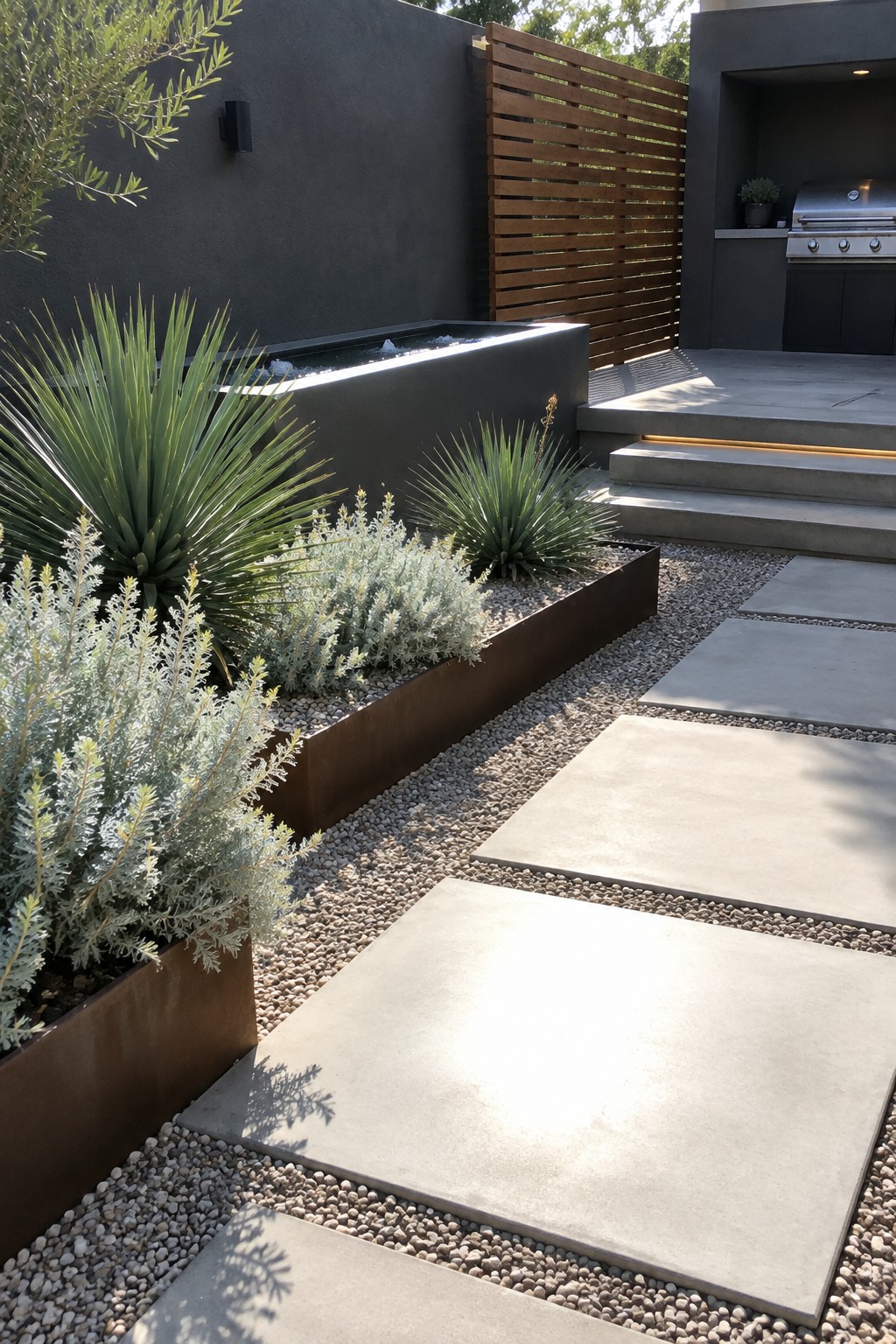 Modern patio with concrete pavers, rusted planters, water feature, yuccas, and outdoor grill.