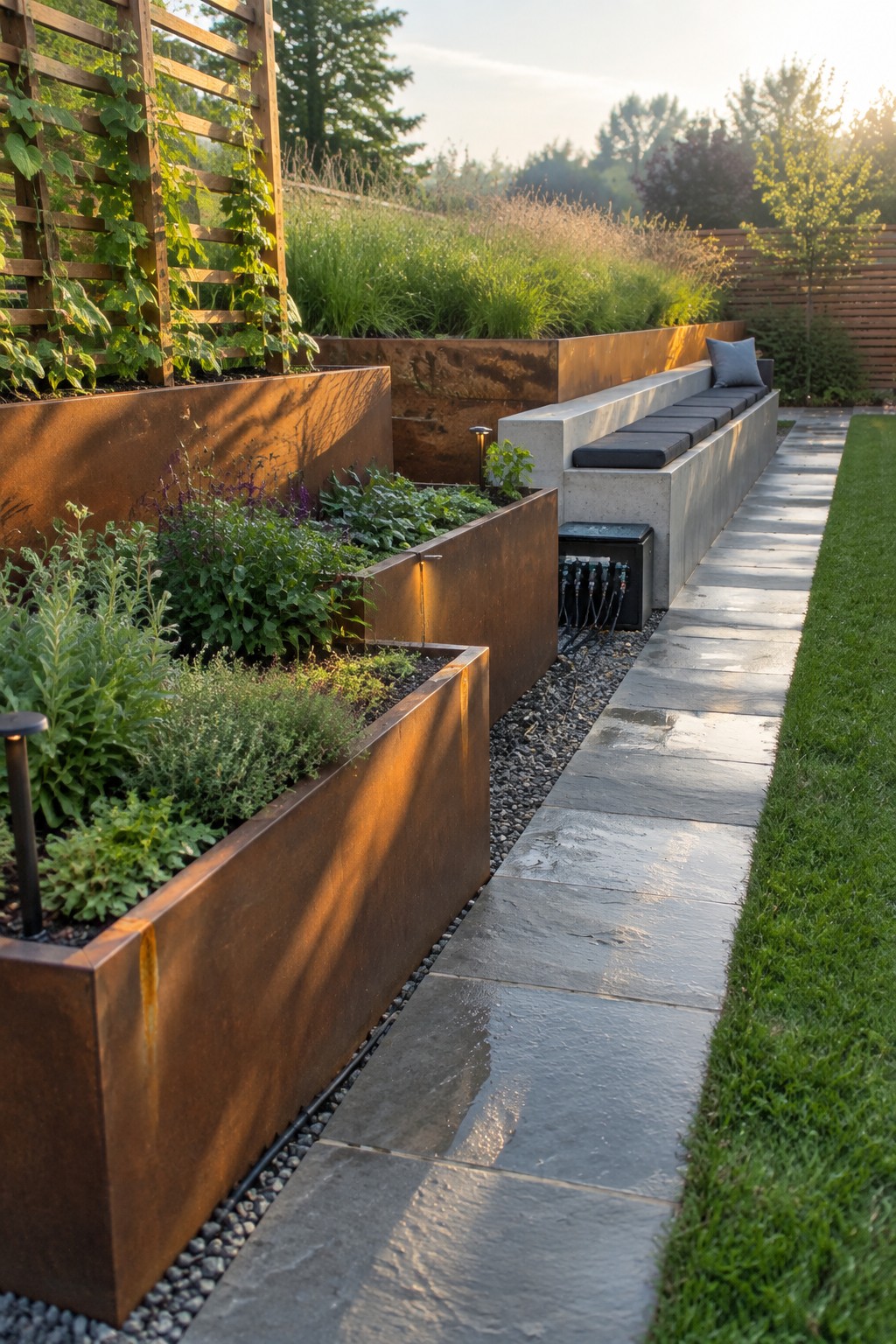 Modern garden with rusted metal planters, stone path, and concrete bench at sunset.