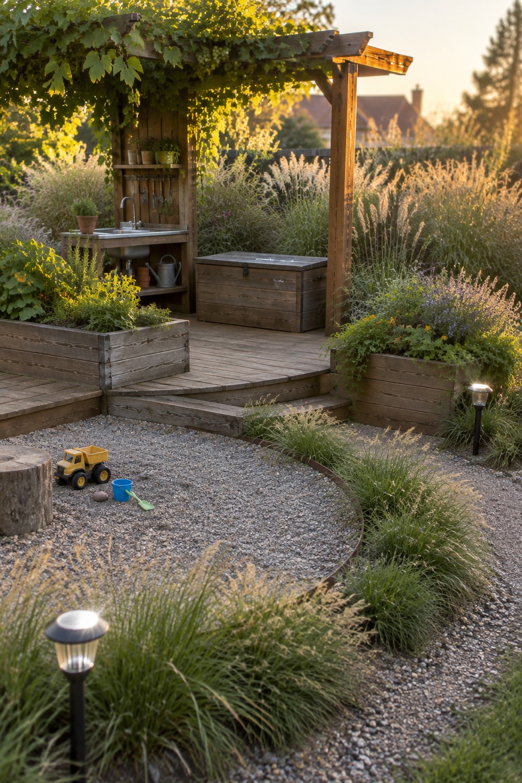 Backyard view showing raised wooden garden beds with plants, a gravel area with toys, steps to a wooden deck with a sink, and surrounding grasses.