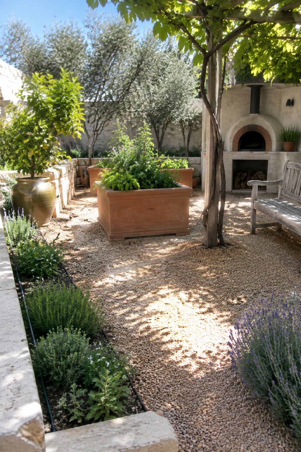 A backyard with gravel ground cover, several large terracotta raised planters holding herbs, lavender borders along stone edges, and a built-in outdoor oven on the right.