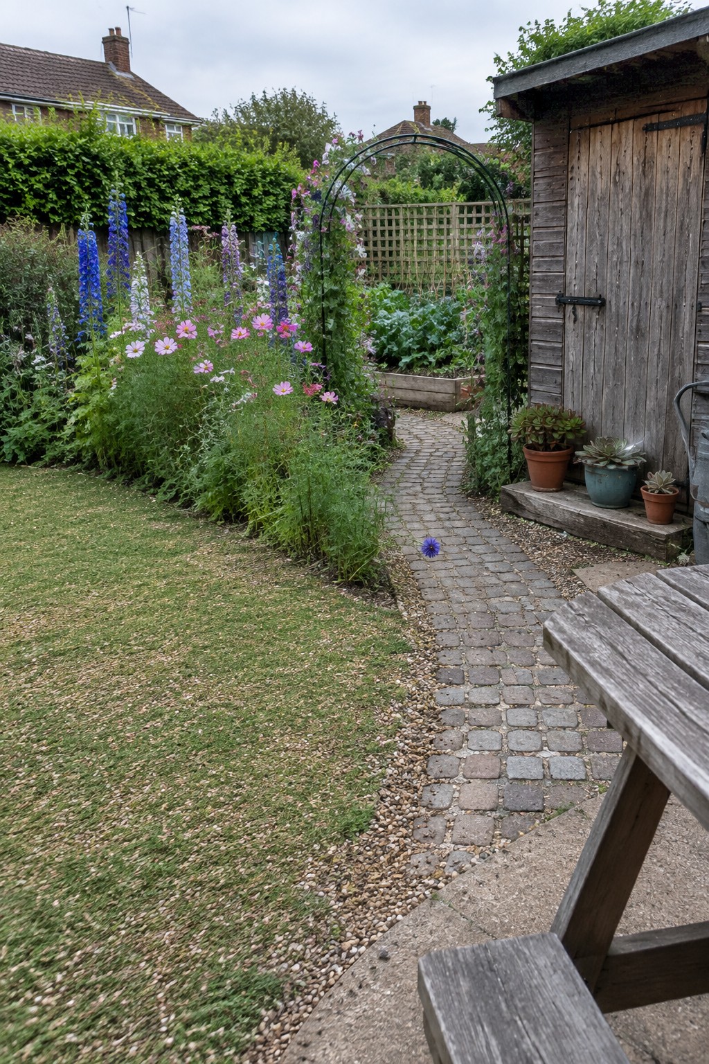 A backyard scene showing a cobblestone path bordered by colorful flowers and green plants, with a lawn on one side and a wooden shed on the other.