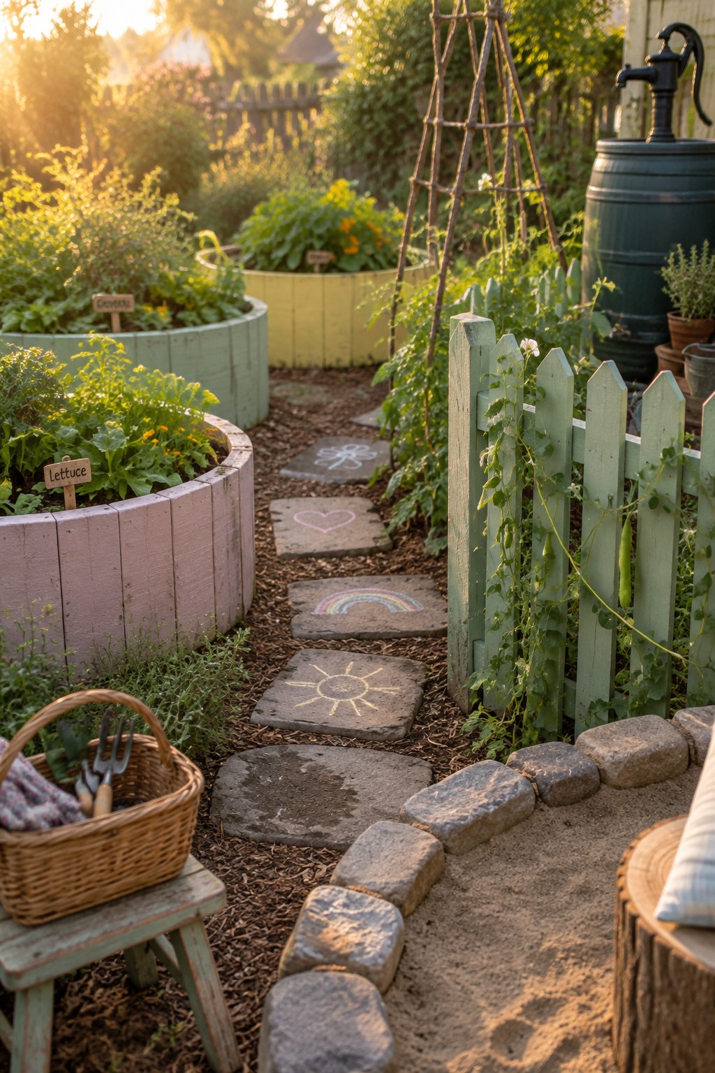 A winding path of flat stones decorated with chalk drawings runs between colorful raised garden beds planted with vegetables and flowers.