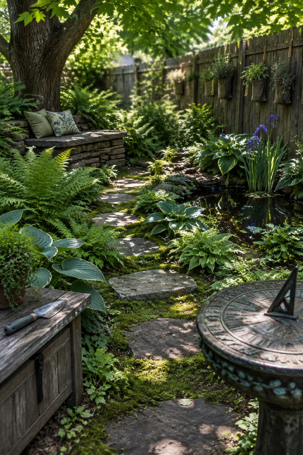 A backyard garden with a winding path of flat stones through dense ferns, hostas, and other green plants, next to a small pond and a stone bench under a tree.