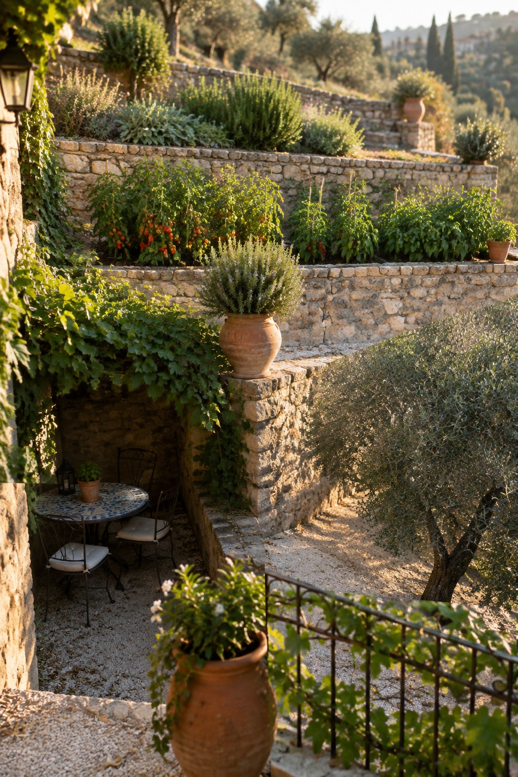 Terraced Mediterranean garden with stone walls, potted tomatoes, lavender, olive tree, and patio.