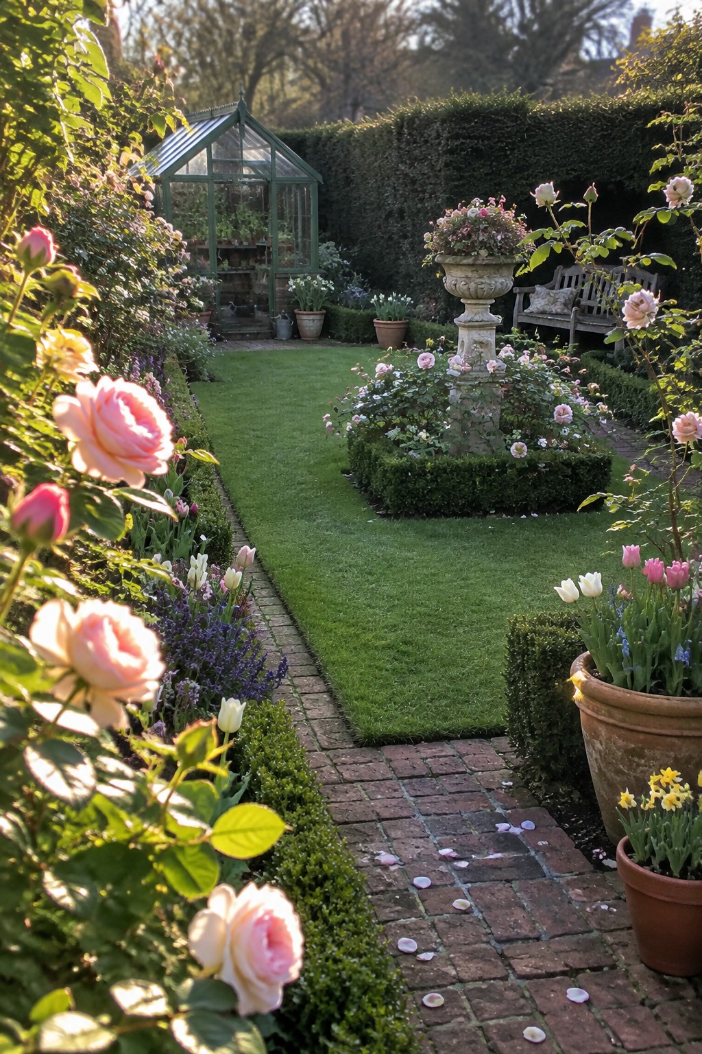 Lush garden with pink roses, brick path, lawn, stone urn, and greenhouse.