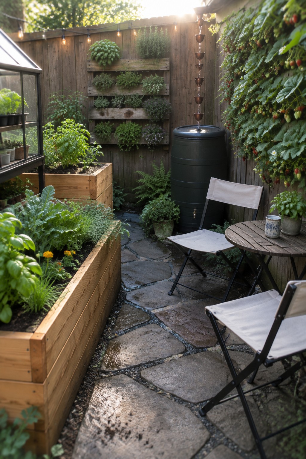 A narrow backyard garden path made of irregular stone pavers, lined with raised wooden beds on one side and vertical pallet planters plus a rain chain on the wooden fence on the other.