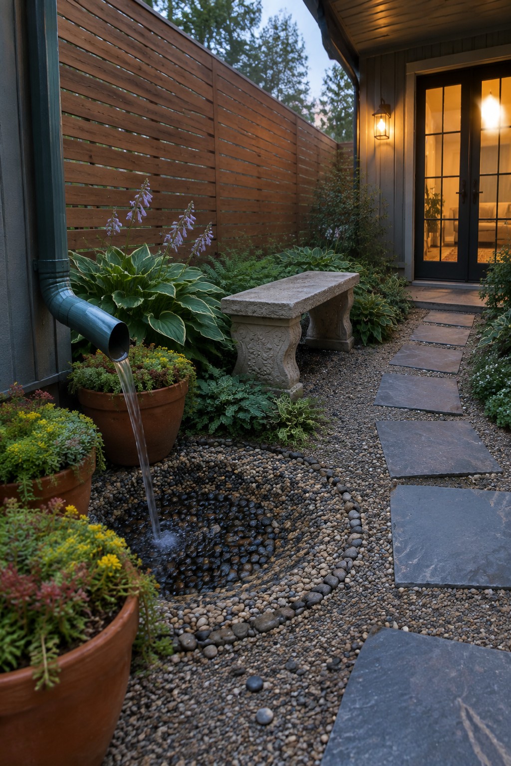 Downspout pours water into pebble basin near potted plants, stone bench, and path to house.