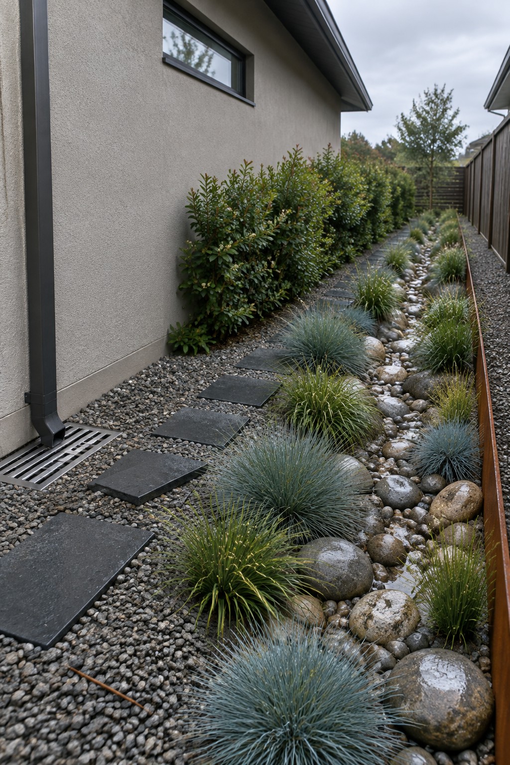 Slate stepping stones wind through gravel, rocks, and blue grasses beside a gray house wall.