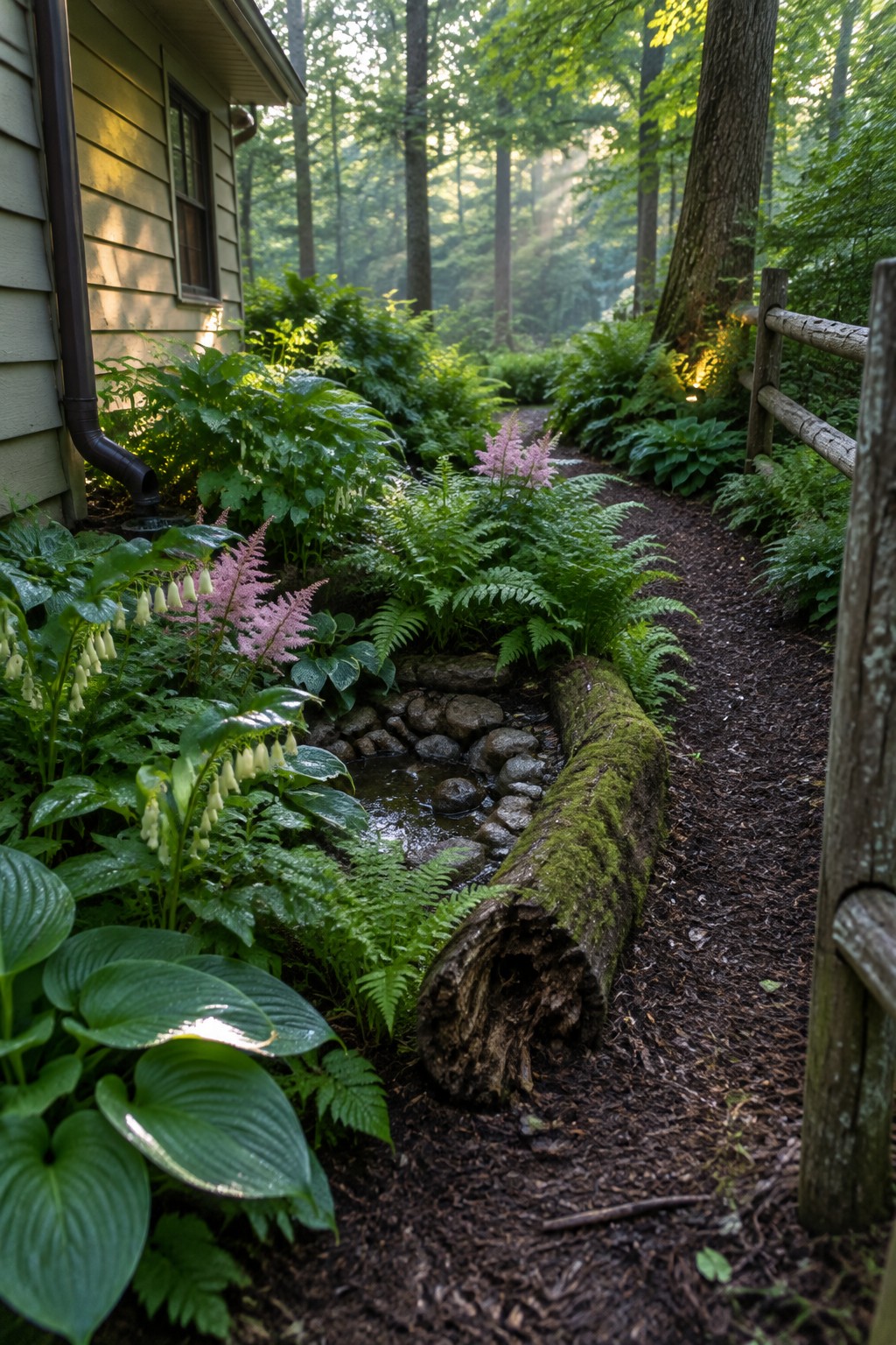 Lush garden path beside house with ferns, pink flowers, mossy log, and stream