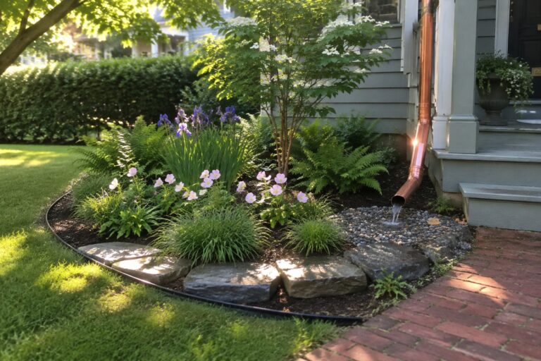 A landscaped garden bed beside a house features stone edging, ferns, flowering plants, and a copper downspout emptying into a circular gravel basin.