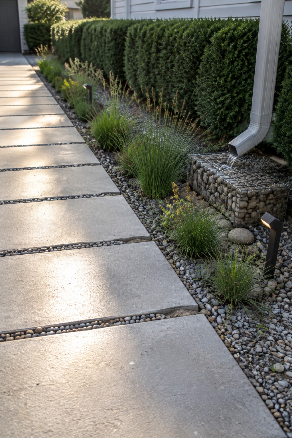 Concrete pavers border gravel garden with flowing water into stone gabion.