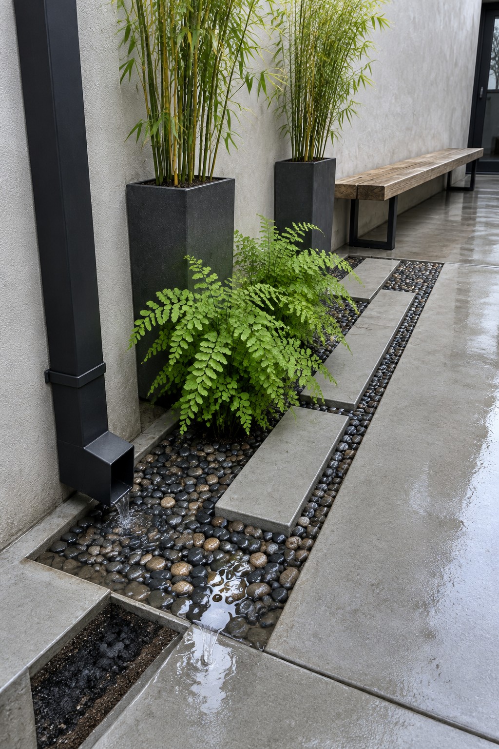 Modern courtyard with bamboo planters, flowing water spout, ferns, and pebble path.