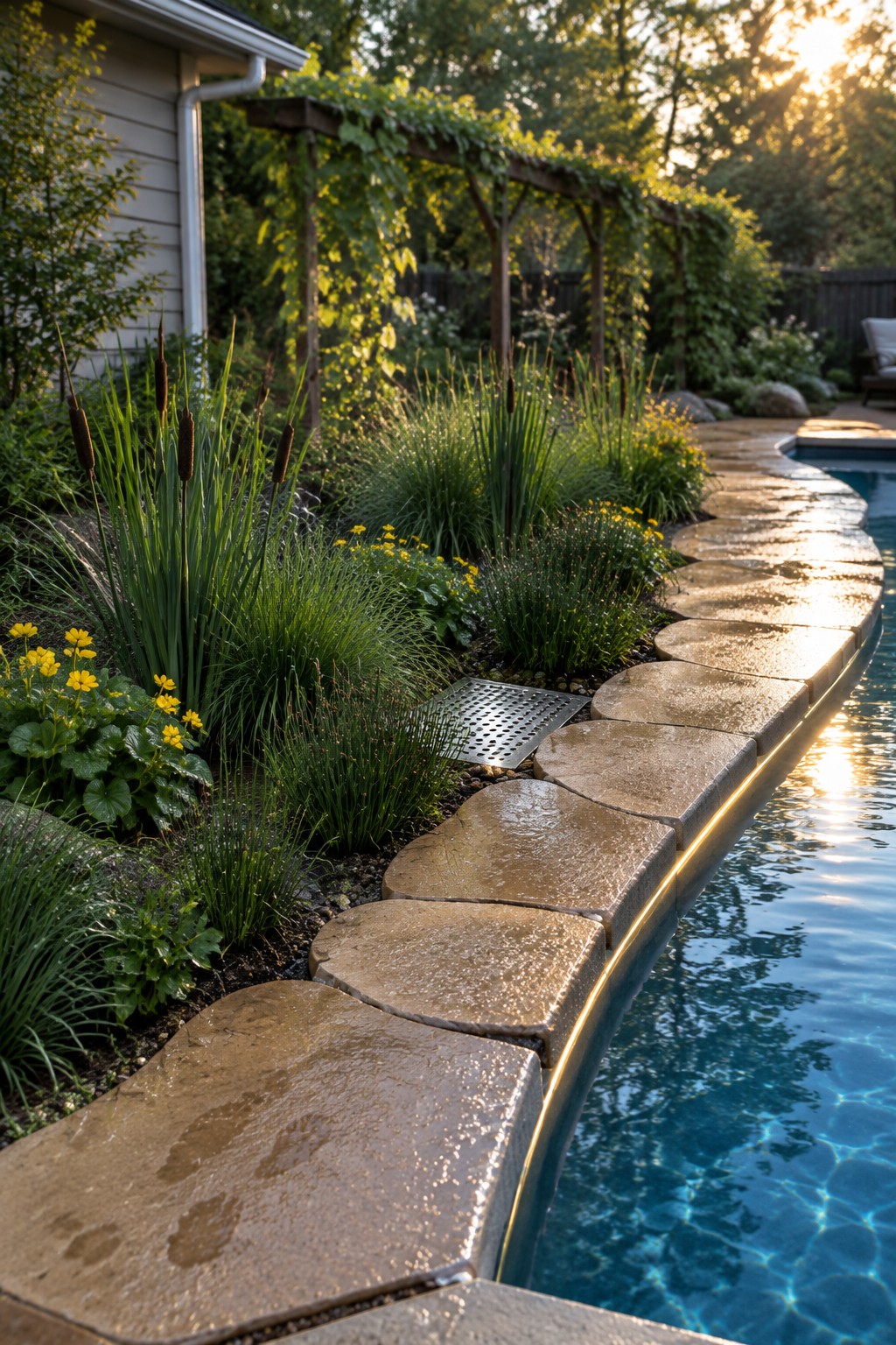 A wet stone path curves along the edge of a pool next to a garden bed with tall grasses, yellow flowers, and a metal drain grate, with a downspout visible on the house wall.