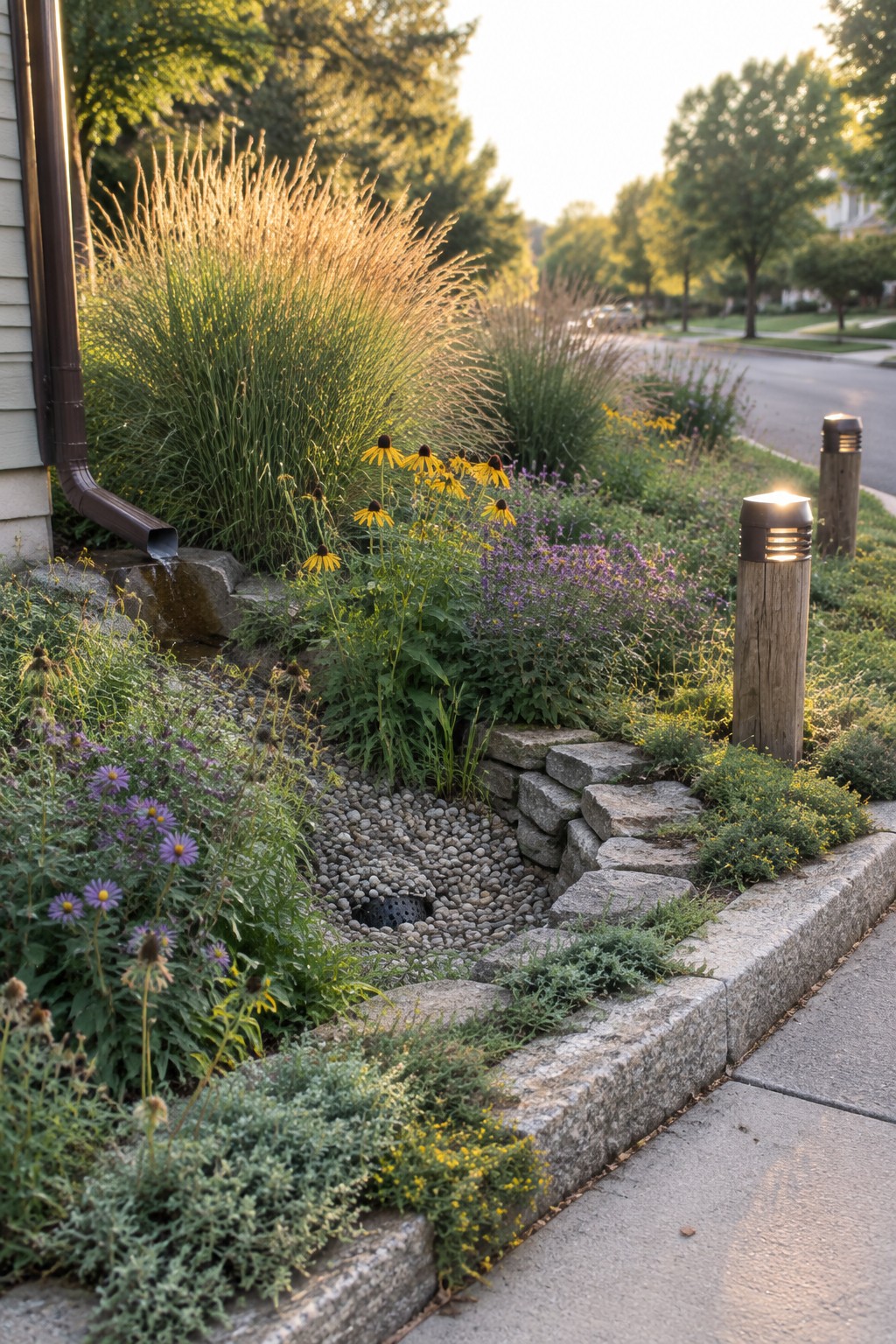 Lush garden with purple asters, yellow coneflowers, grasses, pebble rain garden, and lit posts.