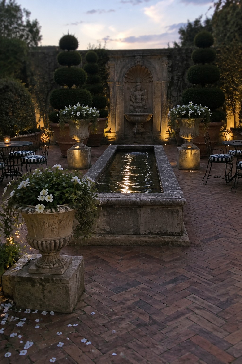 Stone fountain pool on brick patio with white floral urns and topiaries at dusk