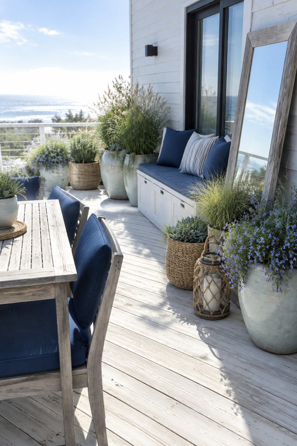A light wooden deck with blue cushioned chairs and a built-in bench, surrounded by assorted potted plants in ceramic and woven containers.