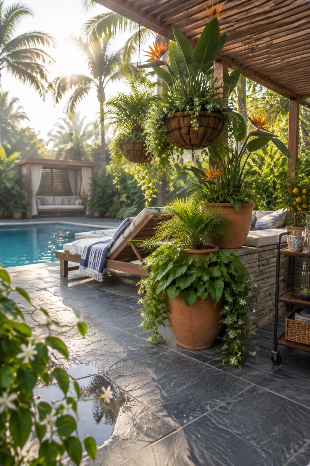 Sunlit stone patio with lounge chair, lush potted plants, and pool under pergola