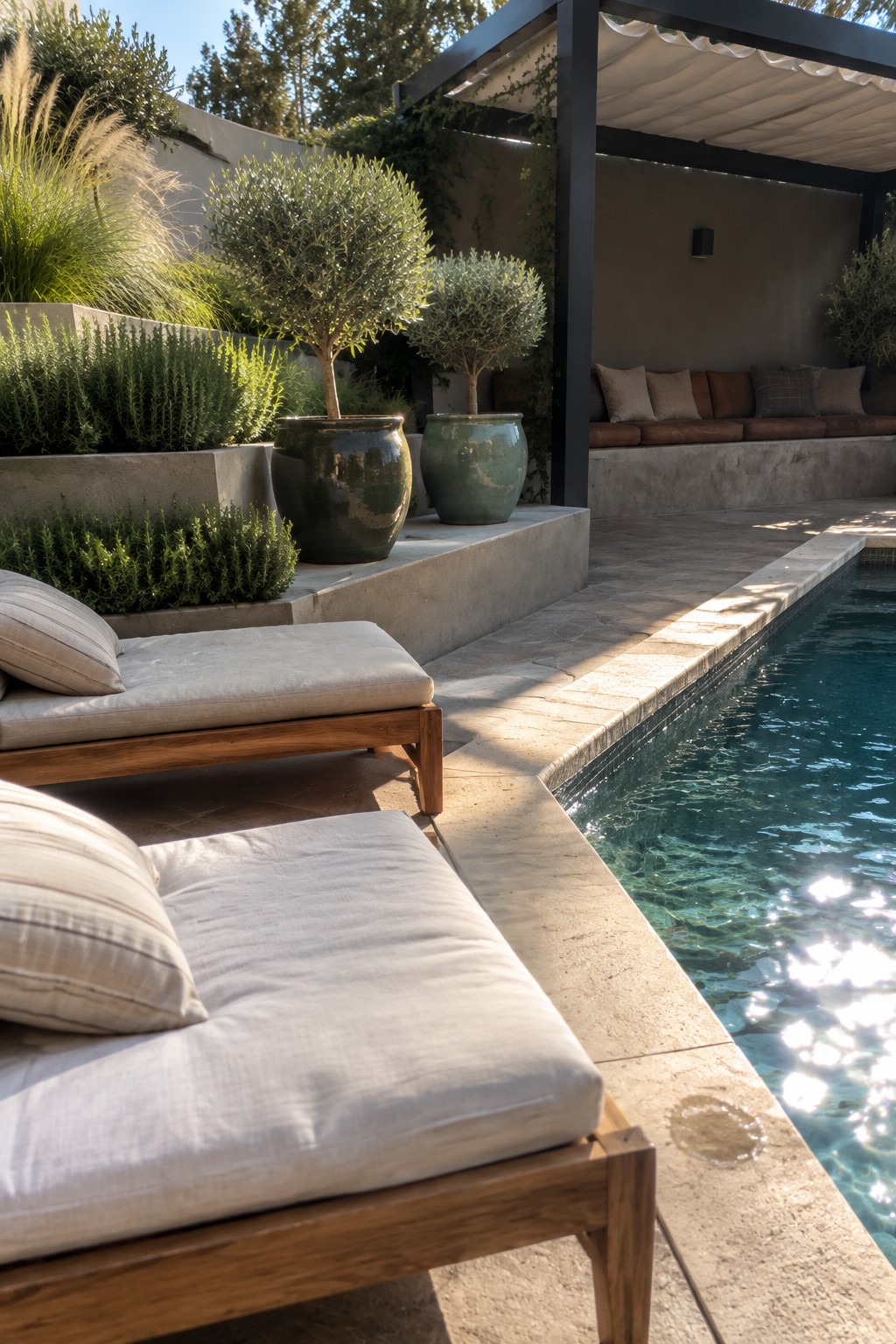 Sunlit poolside with wooden lounge chairs, ceramic pots, and built-in seating