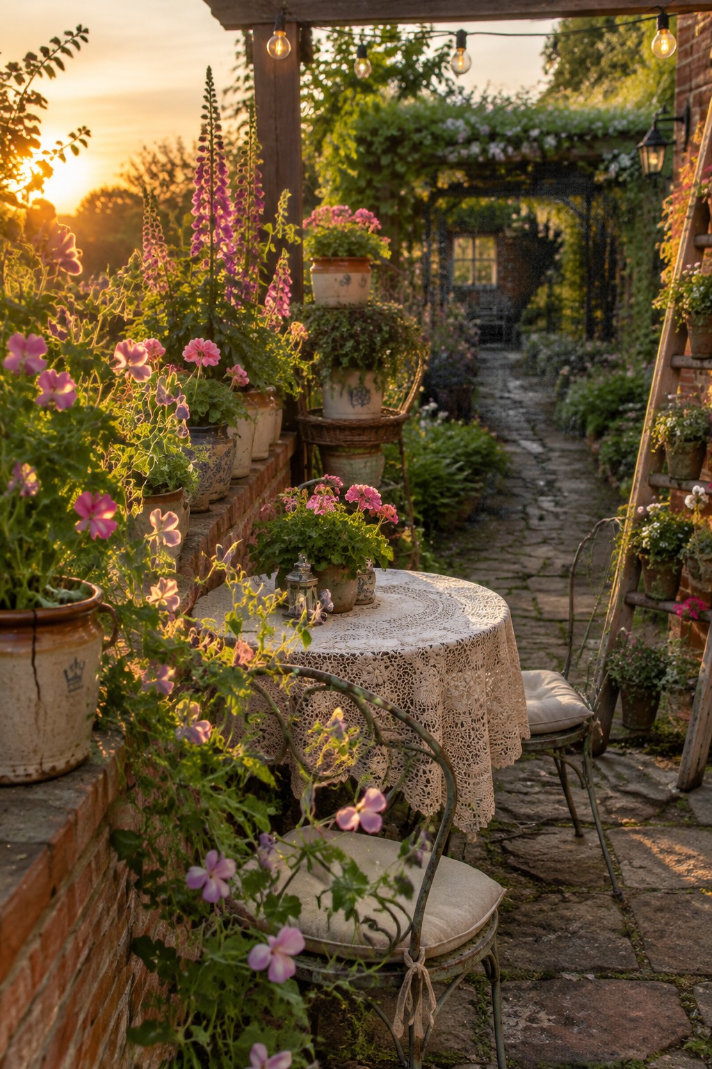 A stone patio with a round table set for two under string lights, surrounded by metal chairs and many layered potted plants along a brick ledge at sunset.