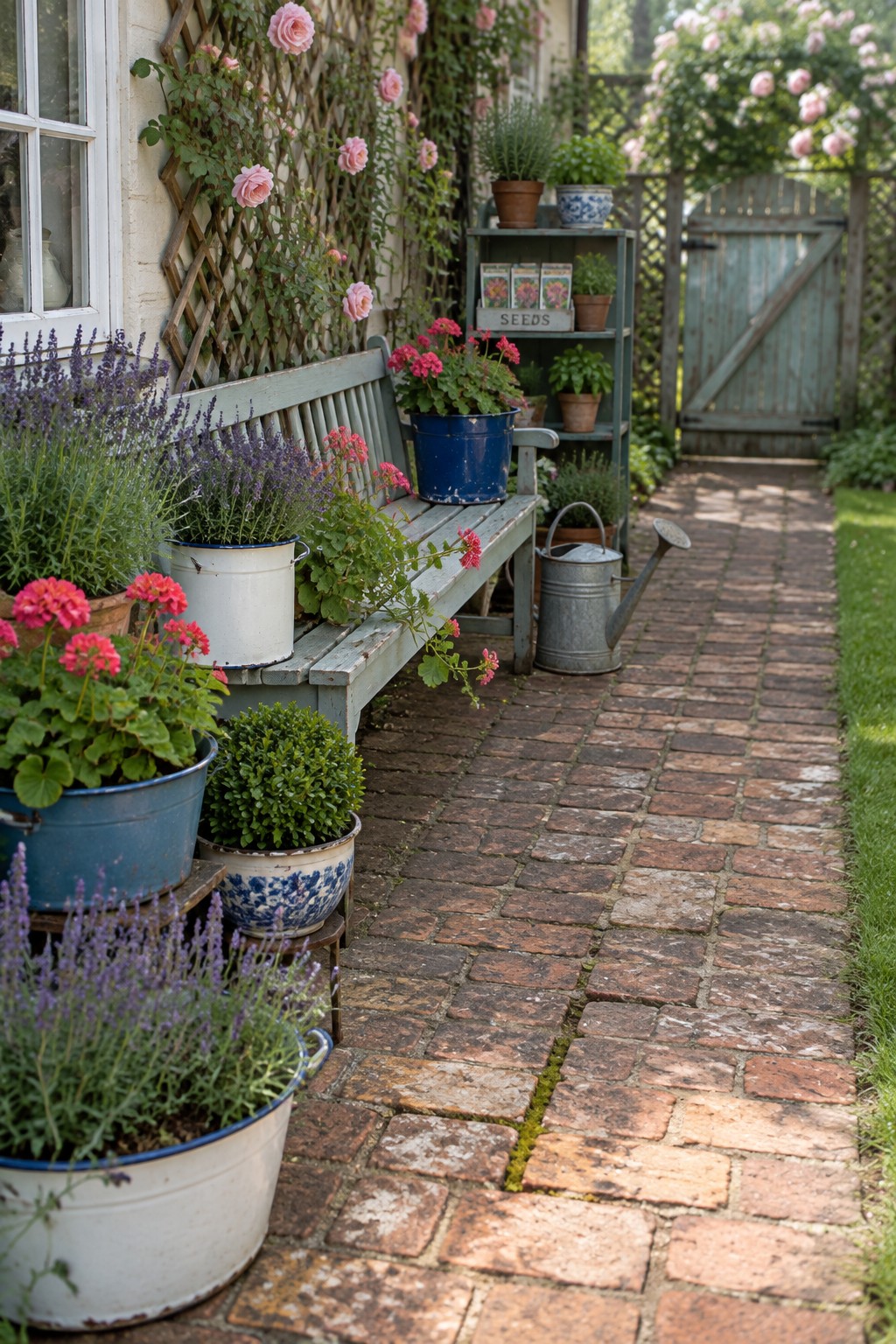 A brick garden path lined with assorted potted plants in metal buckets and ceramic containers arranged around a wooden bench beside a house wall with climbing roses.