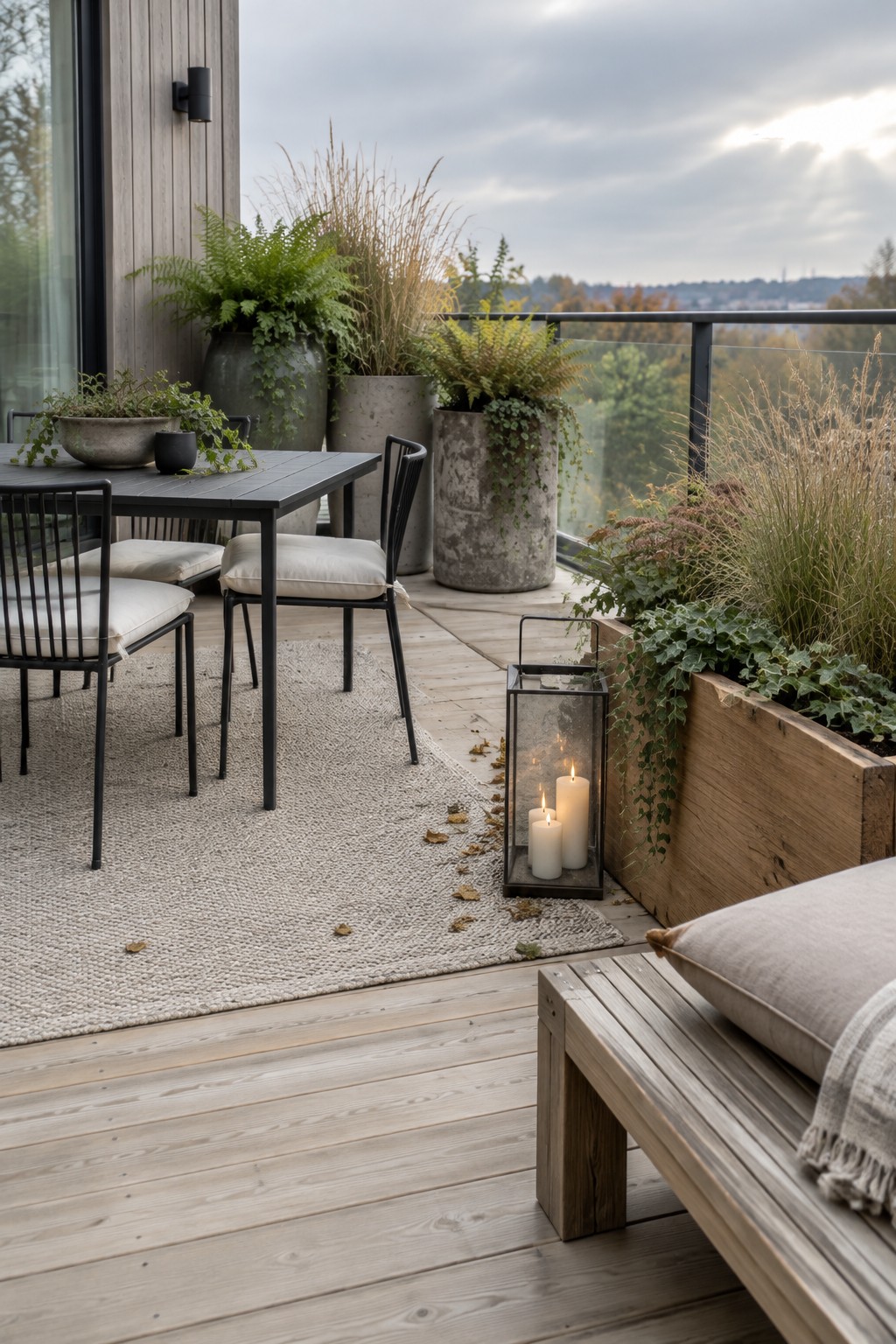 A wooden deck patio with a black metal dining table and chairs on a woven rug, several large ceramic and concrete planters holding ferns and grasses, a wooden planter box with ivy, and a metal lantern with lit candles.