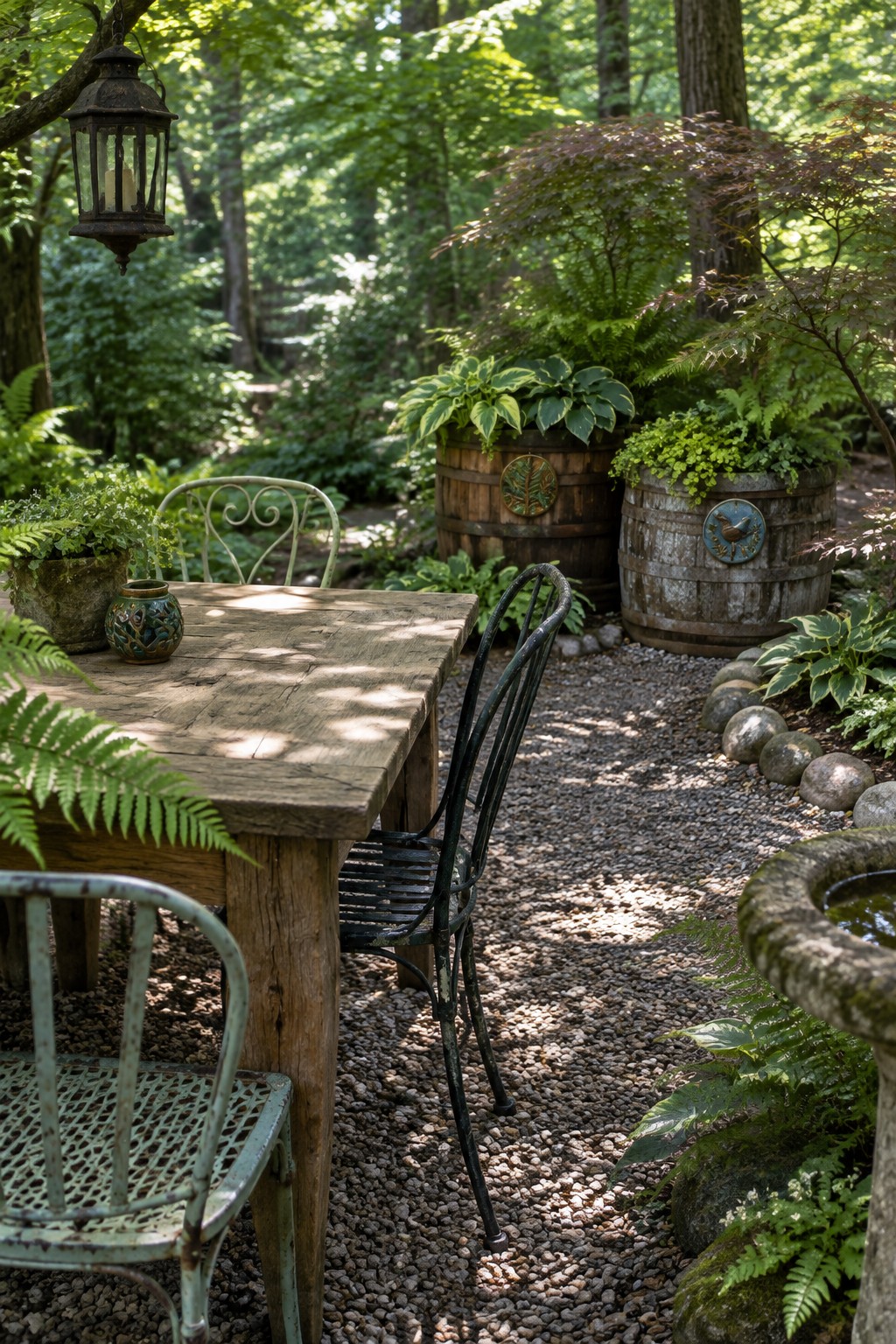 A wooden table with metal chairs sits on gravel surrounded by layered plants in wooden barrels and assorted pots in a shaded garden.