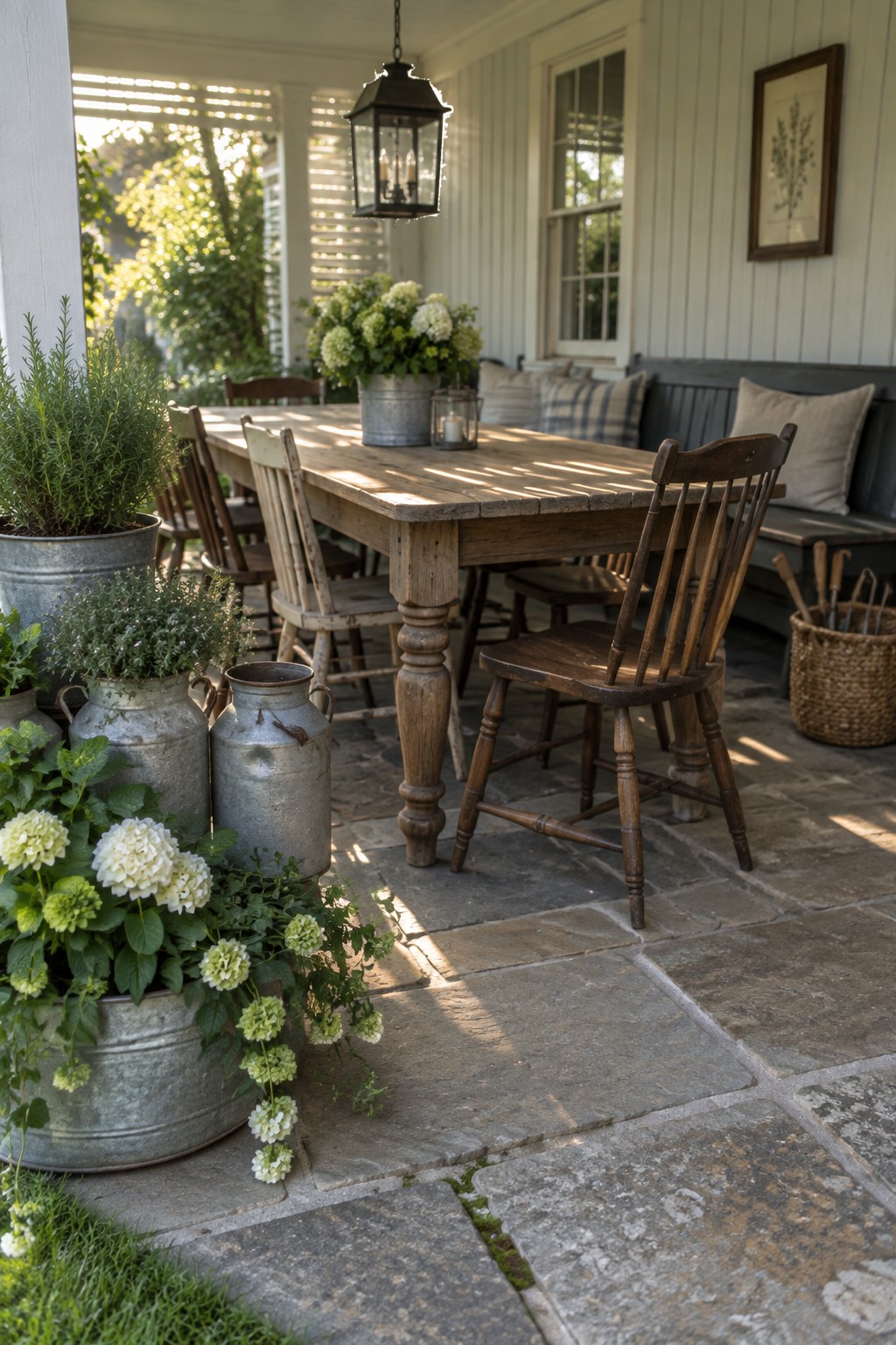 A rustic wooden dining table on a stone patio surrounded by potted plants in various metal containers with a hanging lantern above.