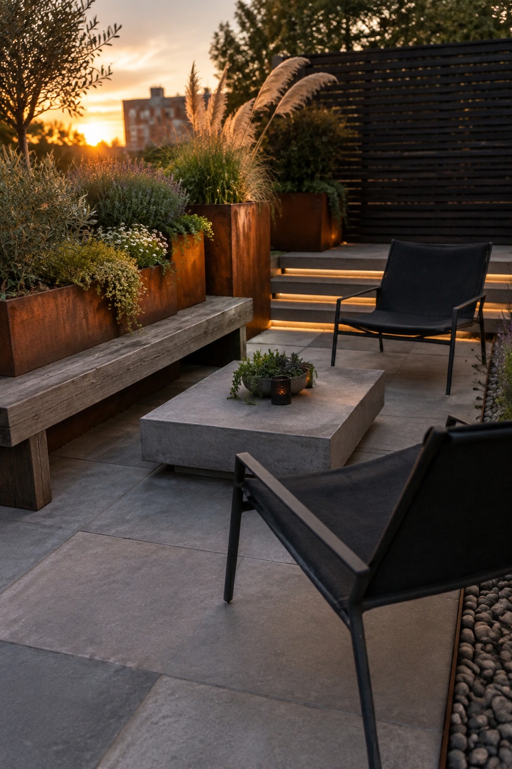 A modern patio with large rusted metal planters holding layered plants, a wooden bench, a concrete table with a small bowl, and black sling chairs on gray tile flooring.