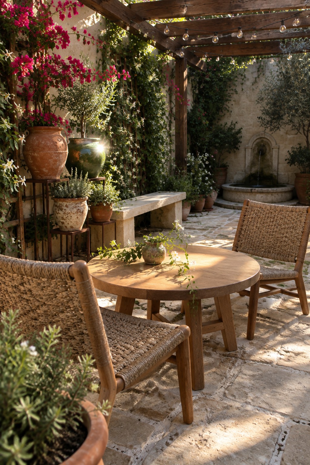 Sunlit patio with round wooden table, woven chairs, potted flowers, and stone fountain