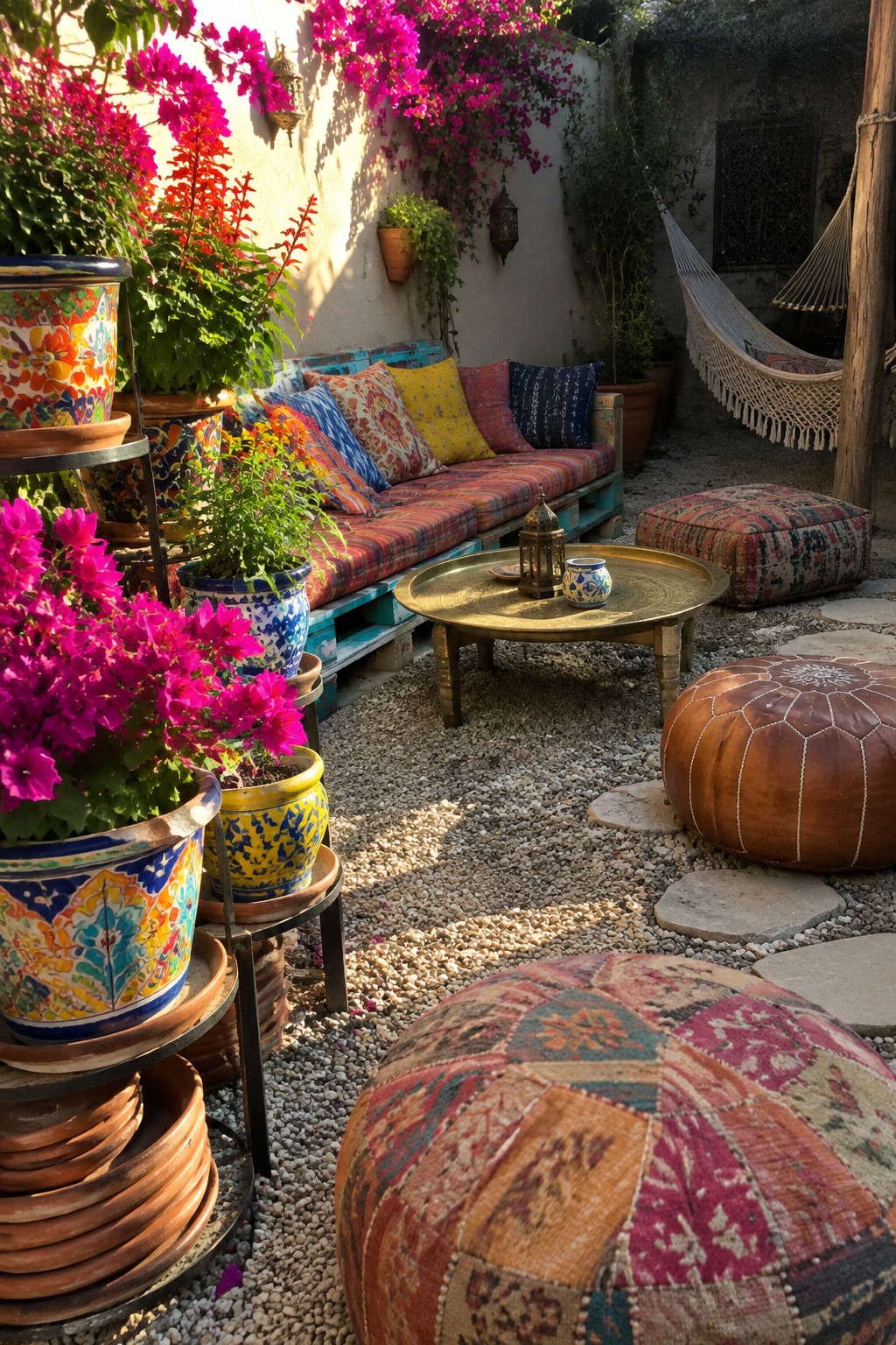 Vibrant courtyard with pink flowers, striped bench, brass table, leather poufs and hammock.