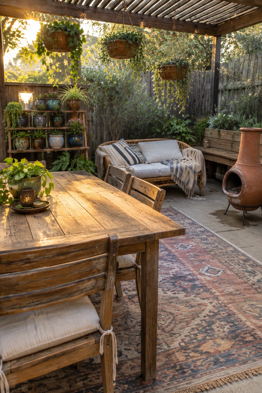 A wooden patio with a dining table on a rug, cushioned sofa, hanging baskets, and many potted plants arranged on shelves and around the seating area.
