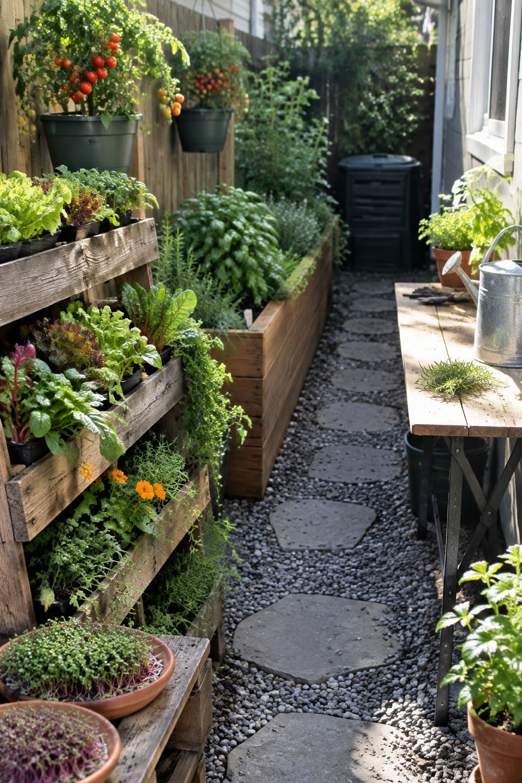 Lush garden with wooden pallet planters, raised beds, stone path, and table.