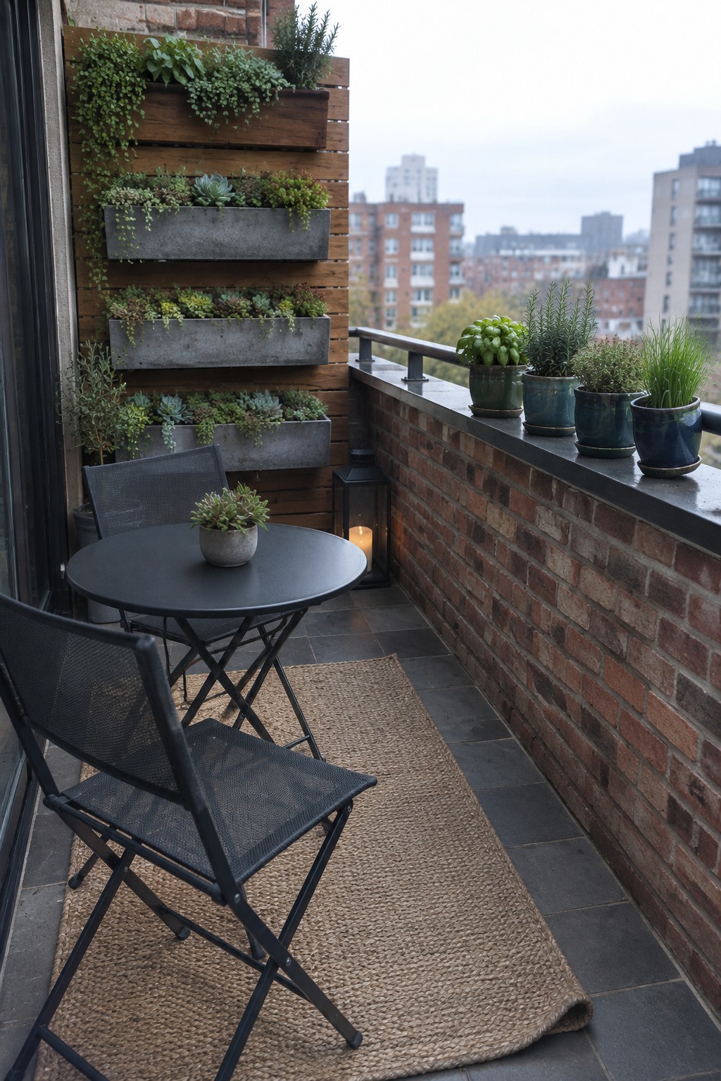 A balcony with a round table and two chairs on a woven rug, showing multiple rows of gray planters mounted on a wooden wall and several potted plants lined along a brick ledge.