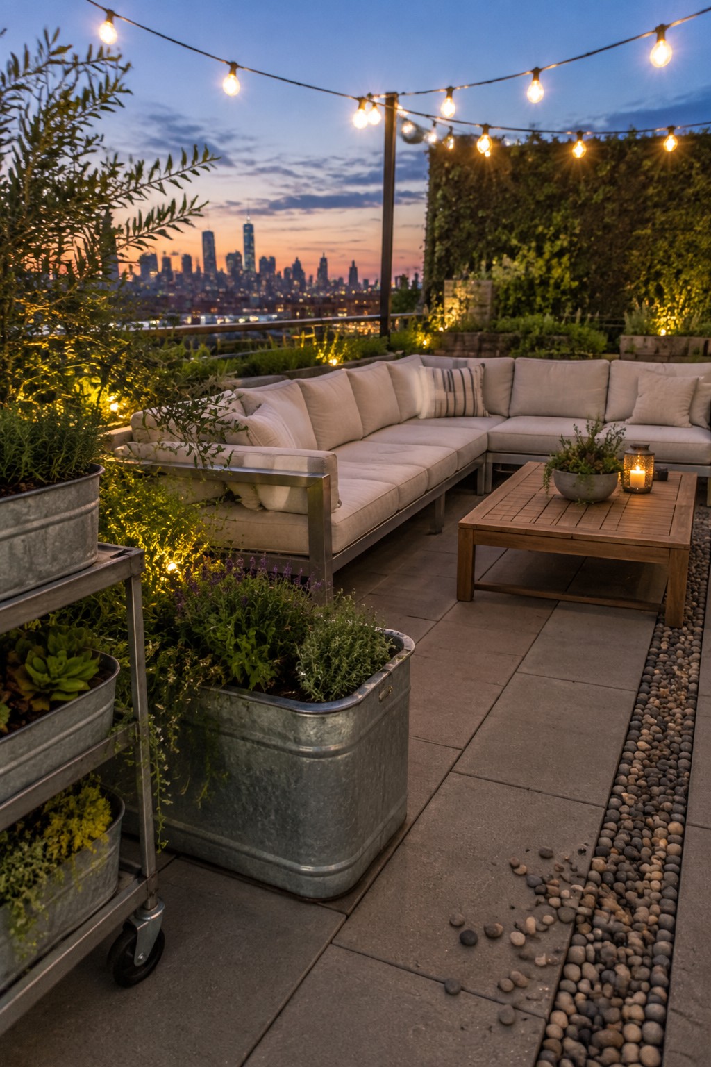 A rooftop patio at dusk with a large L-shaped sectional sofa, wooden coffee table, string lights, and multiple galvanized metal containers holding layered plants against a city skyline.
