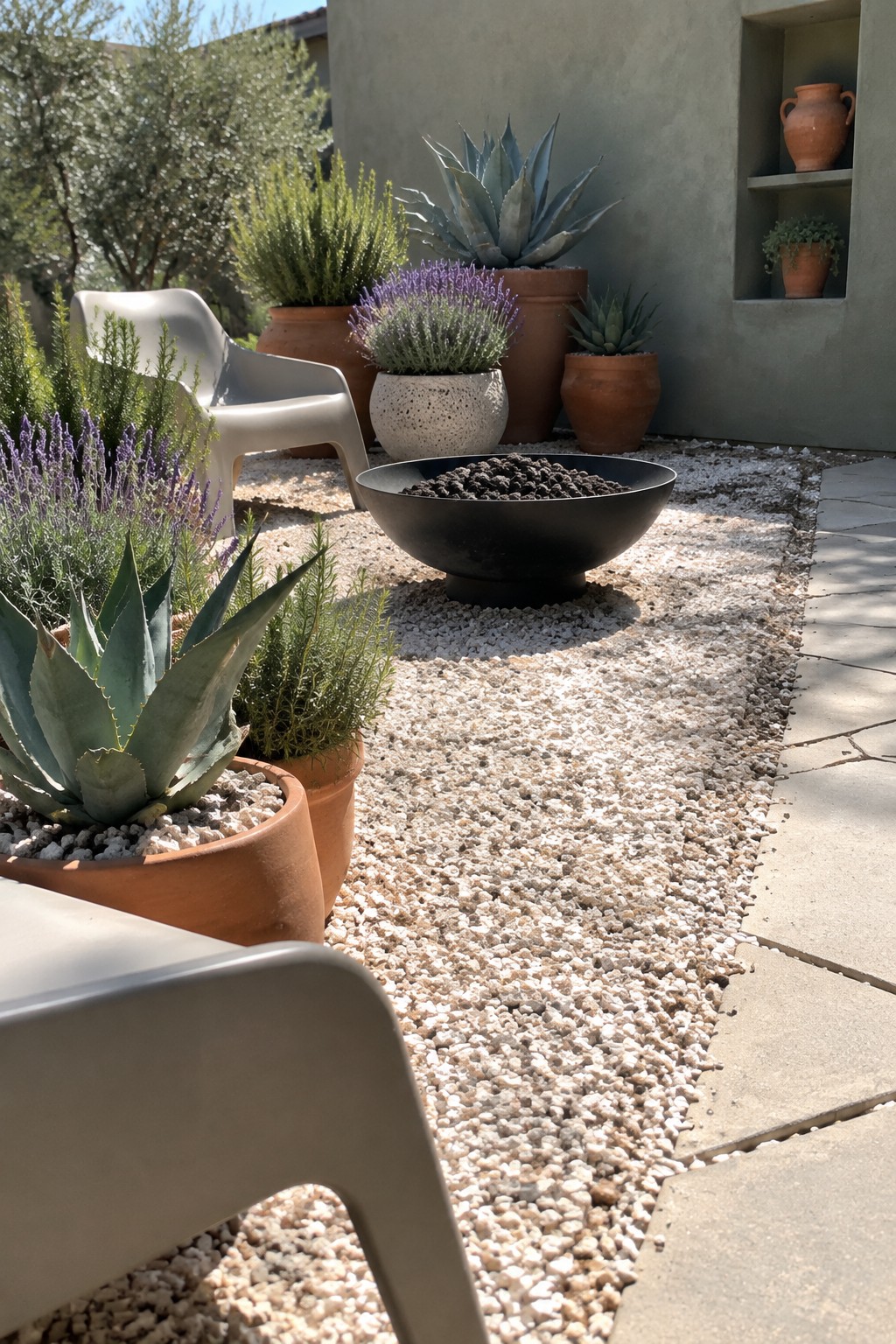 A gravel patio with layered potted plants including agaves and lavender in terracotta and other containers, plus a black bowl and stone paving.