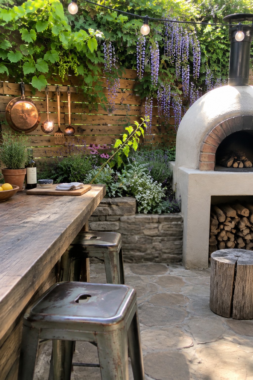 Outdoor patio scene showing a horizontal wood slat screen with green vines and purple wisteria growing over it, next to a stone pizza oven and a rustic wooden table with metal stools.