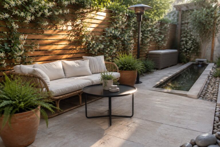 An outdoor patio features a wooden slatted screen covered in climbing white flowers, a rattan sofa with cushions, a round coffee table, and a long concrete water feature.