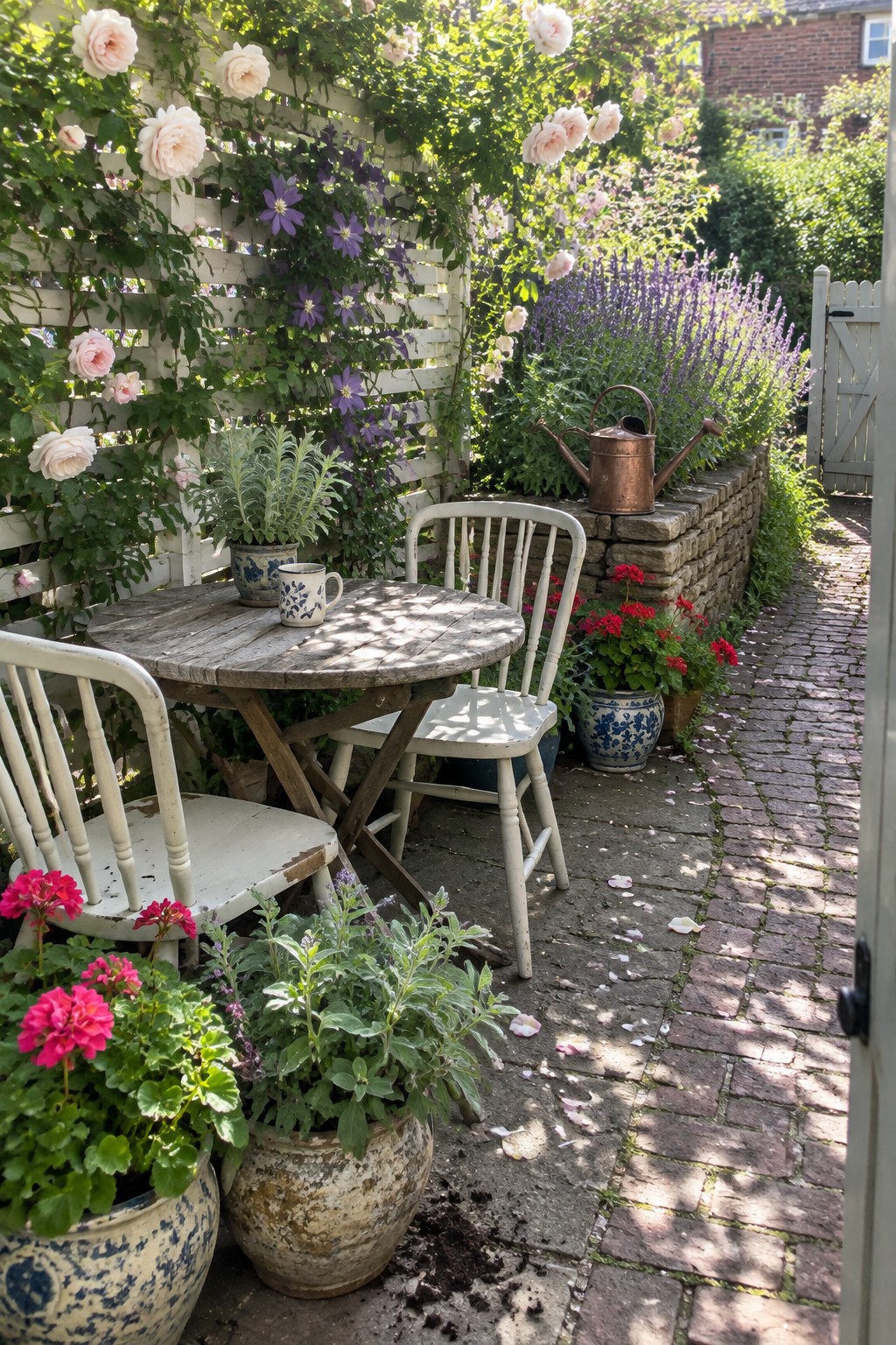 A garden corner with a white wooden slatted screen covered in pale pink roses and purple clematis, a round wooden table with two white chairs, and several potted plants on a brick path.