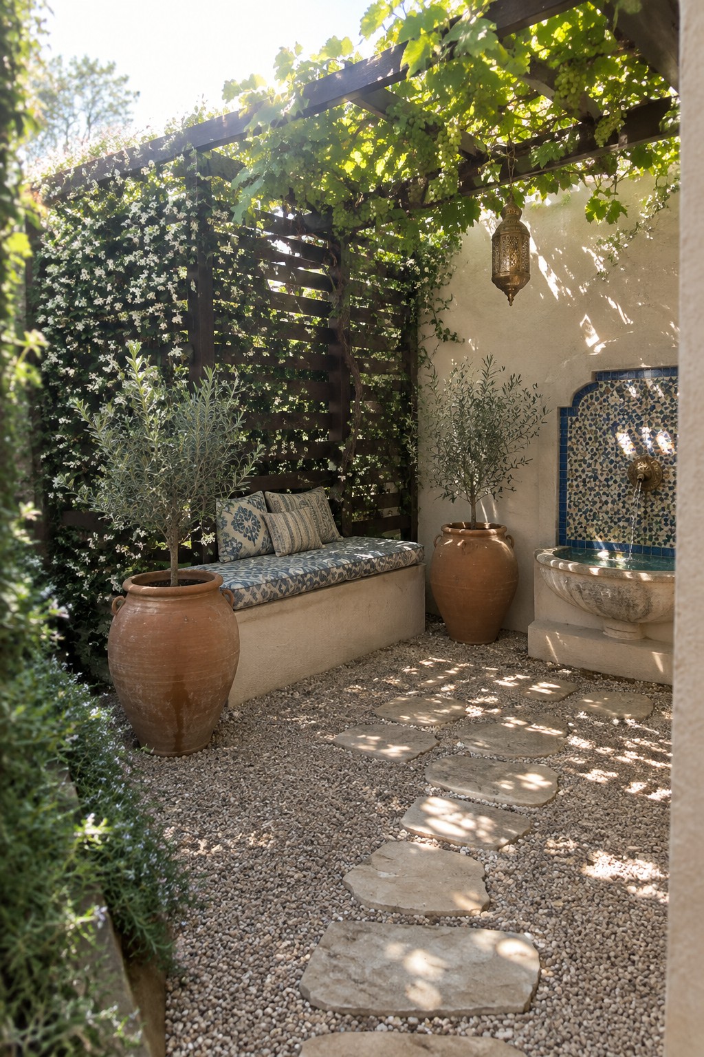 Sunlit courtyard with vine-covered pergola, terracotta pots, cushioned bench, and mosaic fountain