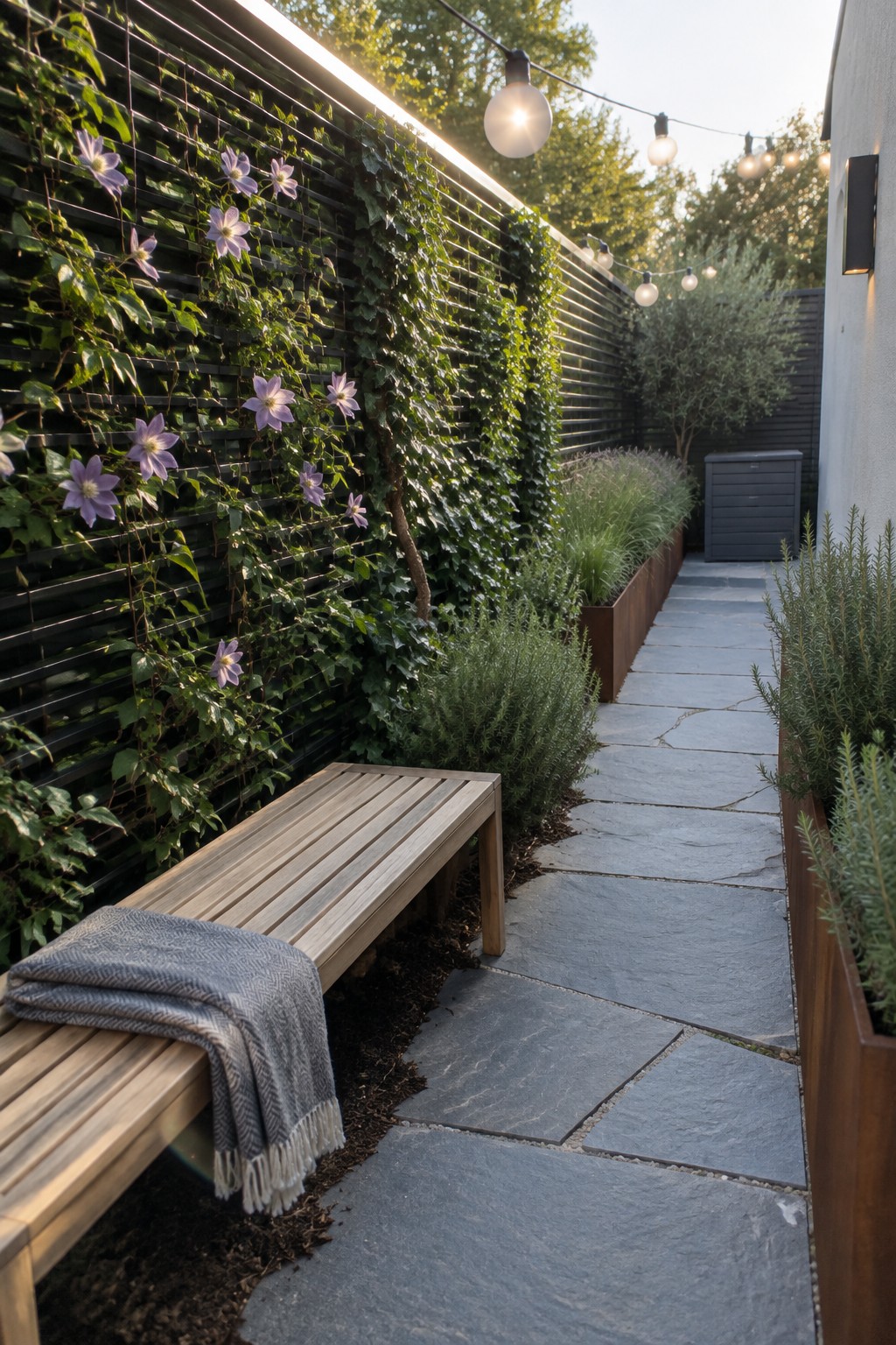 Wooden bench with gray blanket beside stone path and vine-covered wall with lights