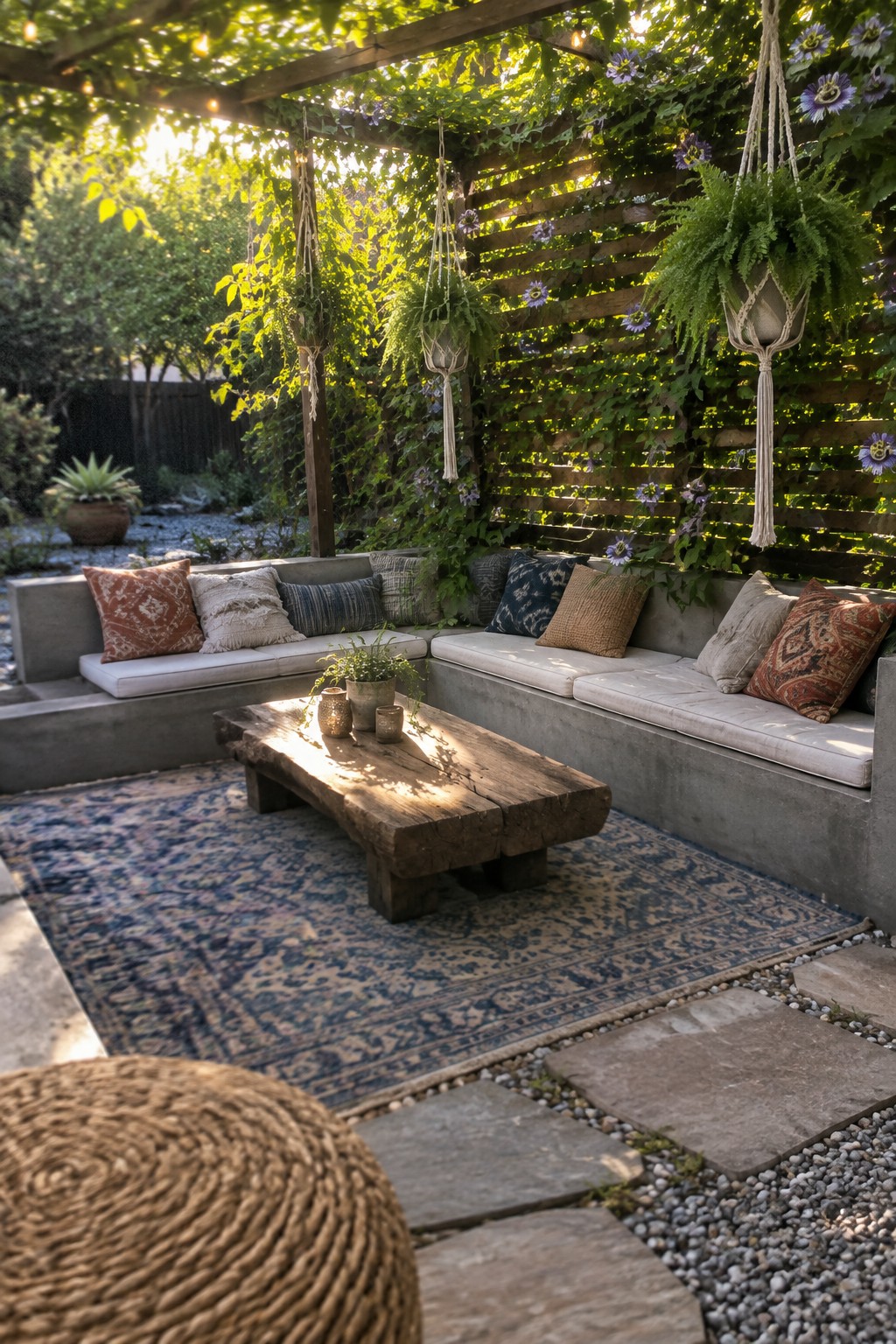 Outdoor lounge with concrete bench, rustic wood table, hanging plants, and blue rug.