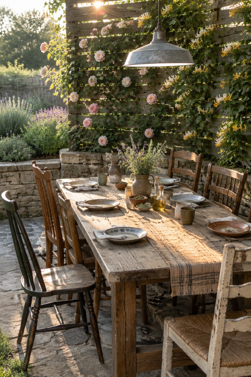 A rustic wooden dining table set outdoors in front of a slatted wooden screen covered with pink roses and yellow honeysuckle vines.