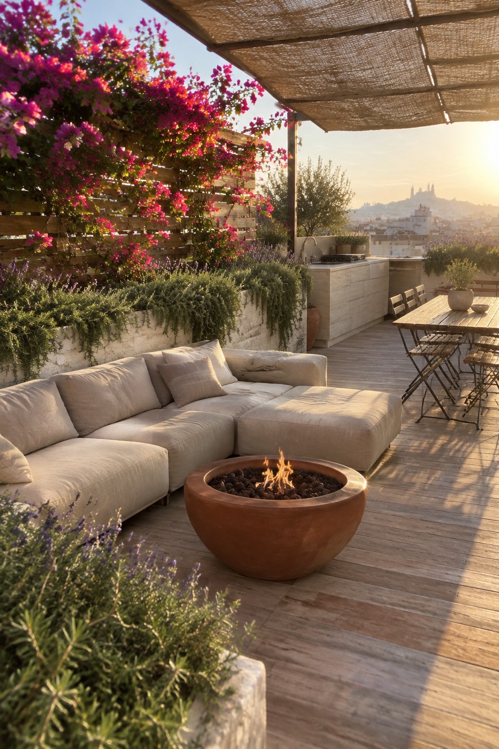 A rooftop terrace features a wooden slatted screen covered in pink flowering vines beside a beige sectional sofa and a round fire pit, with a dining table and city view in the background.