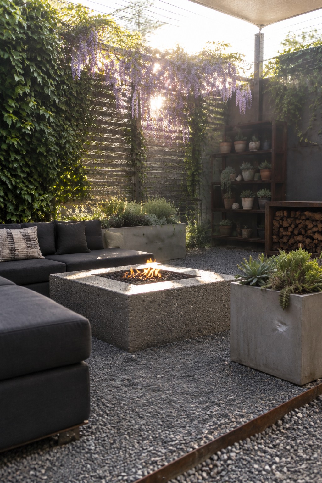 Modern patio with concrete fire pit, dark sofa, gravel floor, and blooming wisteria.