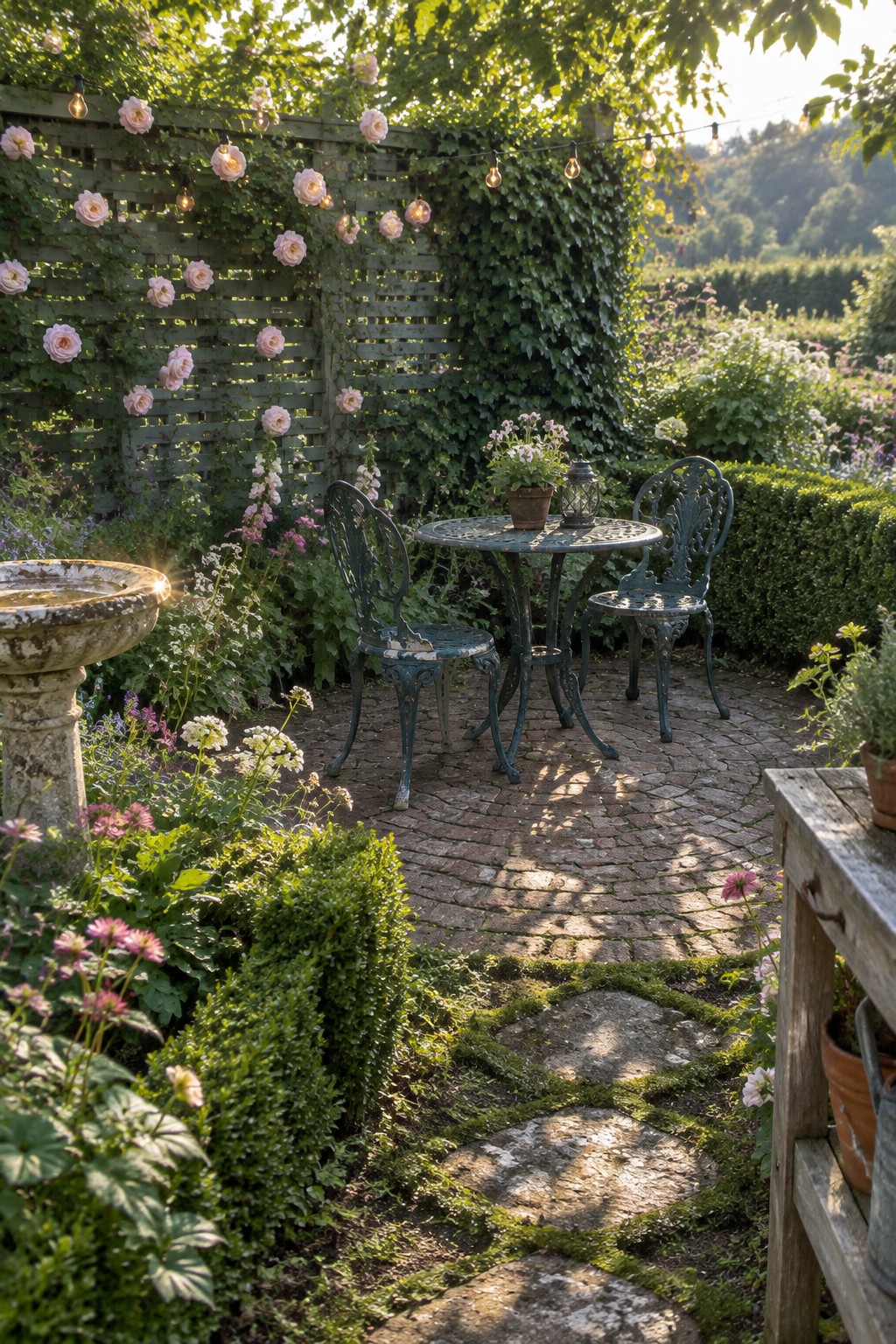 A wooden slatted screen covered in climbing pink roses stands behind a small round patio table and chairs on a brick surface, with a stone path and garden plants in the foreground.